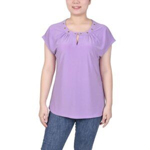 NY Collection Short Extended-Sleeve Grommet Neck Knit Top Regal Orchid PL NWT